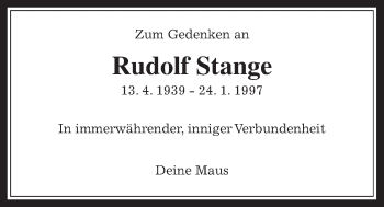 Traueranzeige von Rudolf Stange von Wetterauer Zeitung