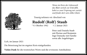 Traueranzeige von Rudolf  Staub von Licher Wochenblatt