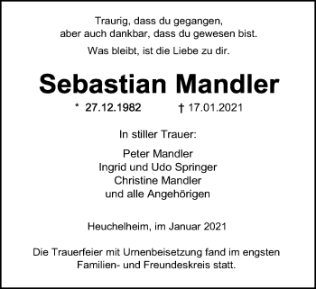 Traueranzeige von Sebastian Mandler von Giessener Allgemeine, Alsfelder Allgemeine
