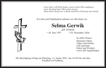 Traueranzeige von Selma Gerwik von Wetterauer Zeitung