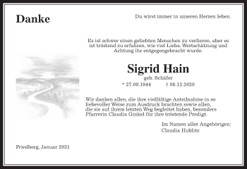Traueranzeige von Sigrid Hain von Wetterauer Zeitung