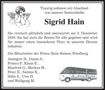 Traueranzeige von Sigrid Hain von Wetterauer Zeitung