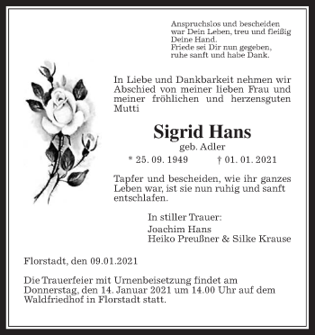 Traueranzeige von Sigrid Hans von Wetterauer Zeitung