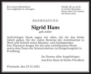 Traueranzeige von Sigrid Hans von Wetterauer Zeitung
