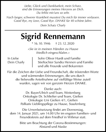 Traueranzeige von Sigrid Rennemann von Giessener Allgemeine, Alsfelder Allgemeine
