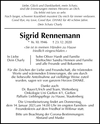Traueranzeige von Sigrid Rennemann von Giessener Allgemeine, Alsfelder Allgemeine