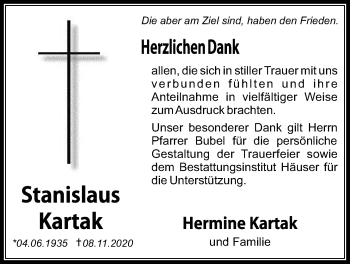 Traueranzeige von Stanislaus Kartak von Pohlheimer Nachrichten