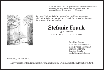 Traueranzeige von Stefanie Frank von Wetterauer Zeitung