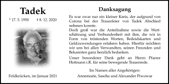 Traueranzeige von Tadek Piwowar von Wetterauer Zeitung, Giessener Allgemeine, Alsfelder Allgemeine