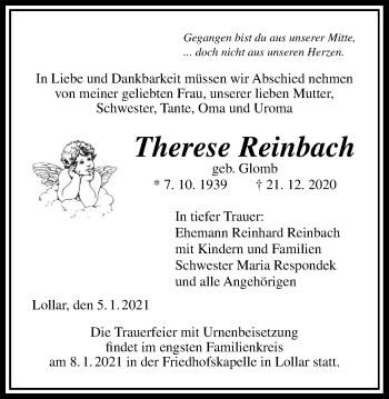 Traueranzeige von Therese Reinbach von Giessener Allgemeine, Alsfelder Allgemeine