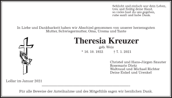 Traueranzeige von Theresia Kreuzer von Giessener Allgemeine, Alsfelder Allgemeine