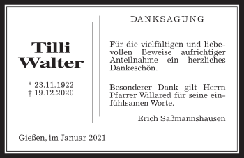 Traueranzeige von Tilli Walter von Giessener Allgemeine, Alsfelder Allgemeine