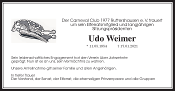 Traueranzeige von Udo Weimer von Giessener Allgemeine, Alsfelder Allgemeine