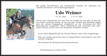 Traueranzeige von Udo Weimer von Wetterauer Zeitung, Giessener Allgemeine, Alsfelder Allgemeine