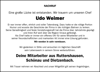 Traueranzeige von Udo Weimer von Giessener Allgemeine, Alsfelder Allgemeine