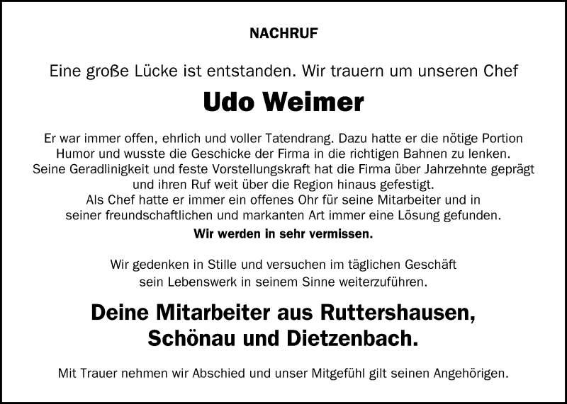  Traueranzeige für Udo Weimer vom 23.01.2021 aus Giessener Allgemeine, Alsfelder Allgemeine