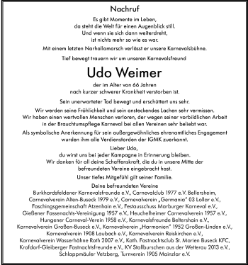 Traueranzeige von Udo Weimer von Giessener Allgemeine, Alsfelder Allgemeine