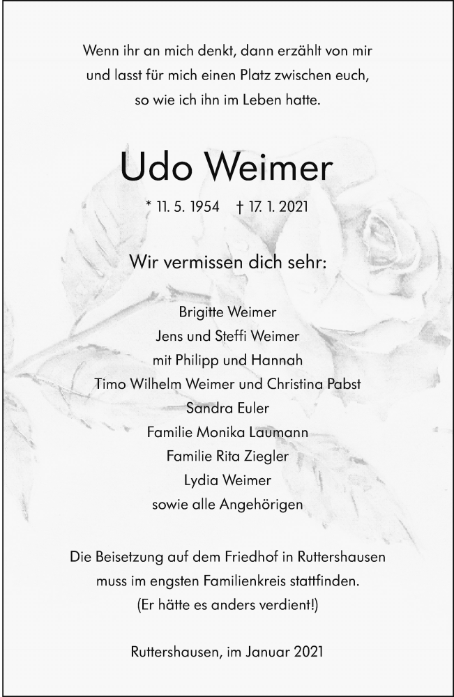  Traueranzeige für Udo Weimer vom 23.01.2021 aus Giessener Allgemeine, Alsfelder Allgemeine