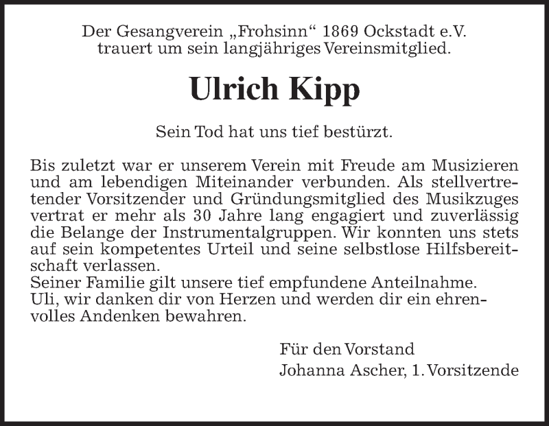  Traueranzeige für Ulrich Kipp vom 02.01.2021 aus Wetterauer Zeitung