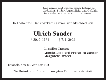 Traueranzeige von Ulrich Sander von Giessener Allgemeine, Alsfelder Allgemeine