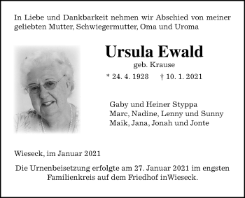 Traueranzeige von Ursula Ewald von Giessener Allgemeine, Alsfelder Allgemeine