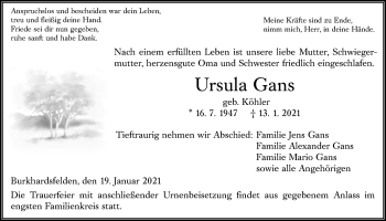 Traueranzeige von Ursula Gans von Giessener Allgemeine, Alsfelder Allgemeine