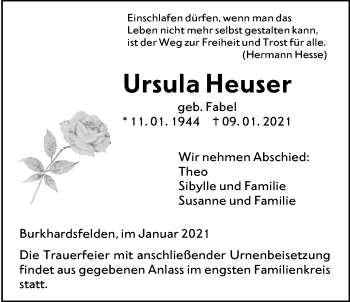 Traueranzeige von Ursula Heuser von Giessener Allgemeine, Alsfelder Allgemeine
