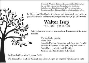 Traueranzeige von Walter Isop von Giessener Allgemeine, Alsfelder Allgemeine