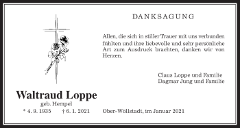 Traueranzeige von Waltraud Loppe von Wetterauer Zeitung