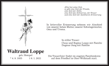 Traueranzeige von Waltraud Loppe von Wetterauer Zeitung