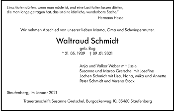 Traueranzeige von Waltraud Schmidt von Giessener Allgemeine, Alsfelder Allgemeine