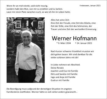 Traueranzeige von Werner Hofmann von Giessener Allgemeine, Alsfelder Allgemeine