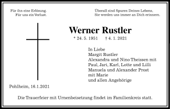 Traueranzeige von Werner Rustler von Giessener Allgemeine, Alsfelder Allgemeine