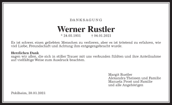 Traueranzeige von Werner Rustler von Giessener Allgemeine, Alsfelder Allgemeine
