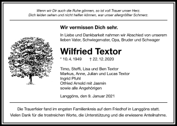 Traueranzeige von Wilfried Textor von Giessener Allgemeine, Alsfelder Allgemeine