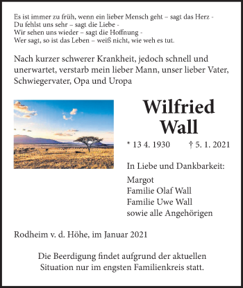 Traueranzeige von Wilfried Wall von Wetterauer Zeitung