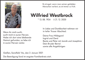 Traueranzeige von Wilfried Westbrock von Giessener Allgemeine, Alsfelder Allgemeine