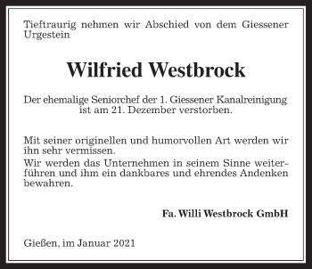 Traueranzeige von Wilfried Westbrock von Giessener Allgemeine, Alsfelder Allgemeine