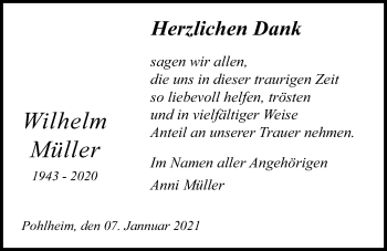 Traueranzeige von Wilhelm Müller von Pohlheimer Nachrichten