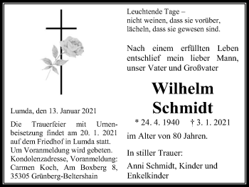 Traueranzeige von Wilhelm Schmidt von Giessener Allgemeine, Alsfelder Allgemeine