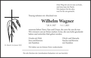 Traueranzeige von Wilhelm Wagner von Giessener Allgemeine, Alsfelder Allgemeine
