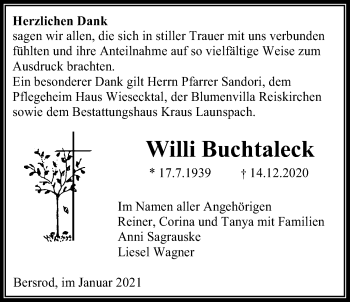 Traueranzeige von Willi Buchtaleck von Giessener Allgemeine, Alsfelder Allgemeine