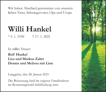 Traueranzeige von Willi Hankel von Giessener Allgemeine, Alsfelder Allgemeine