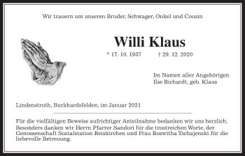 Traueranzeige von Willi Klaus von Giessener Allgemeine, Alsfelder Allgemeine