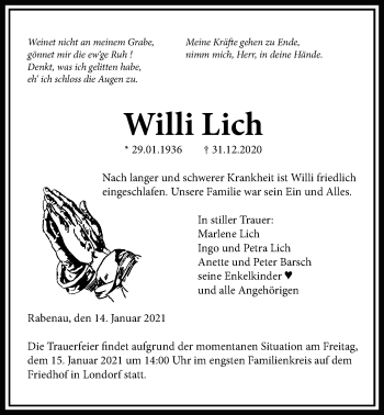 Traueranzeige von Willi Lich von Rabenauer Zeitung