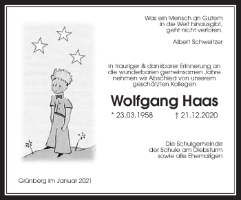 Traueranzeige von Wolfgang Haas von Wetterauer Zeitung, Giessener Allgemeine, Alsfelder Allgemeine