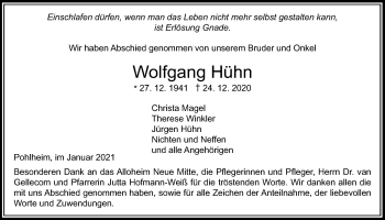 Traueranzeige von Wolfgang Hühn von Pohlheimer Nachrichten