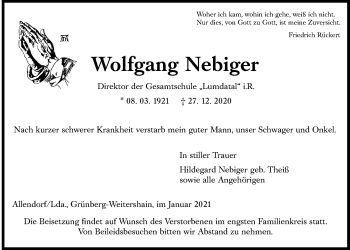 Traueranzeige von Wolfgang Nebiger von Giessener Allgemeine, Alsfelder Allgemeine