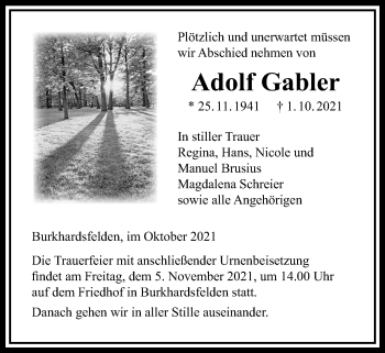 Traueranzeige von Adolf Gabler von Reiskirchener Anzeiger