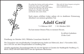 Traueranzeige von Adolf Greif von Wetterauer Zeitung